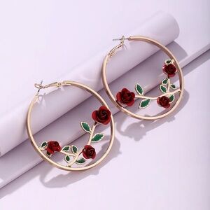 Anthropologie 18K Gold Plated Vintage Red Rose Hoop Earrings